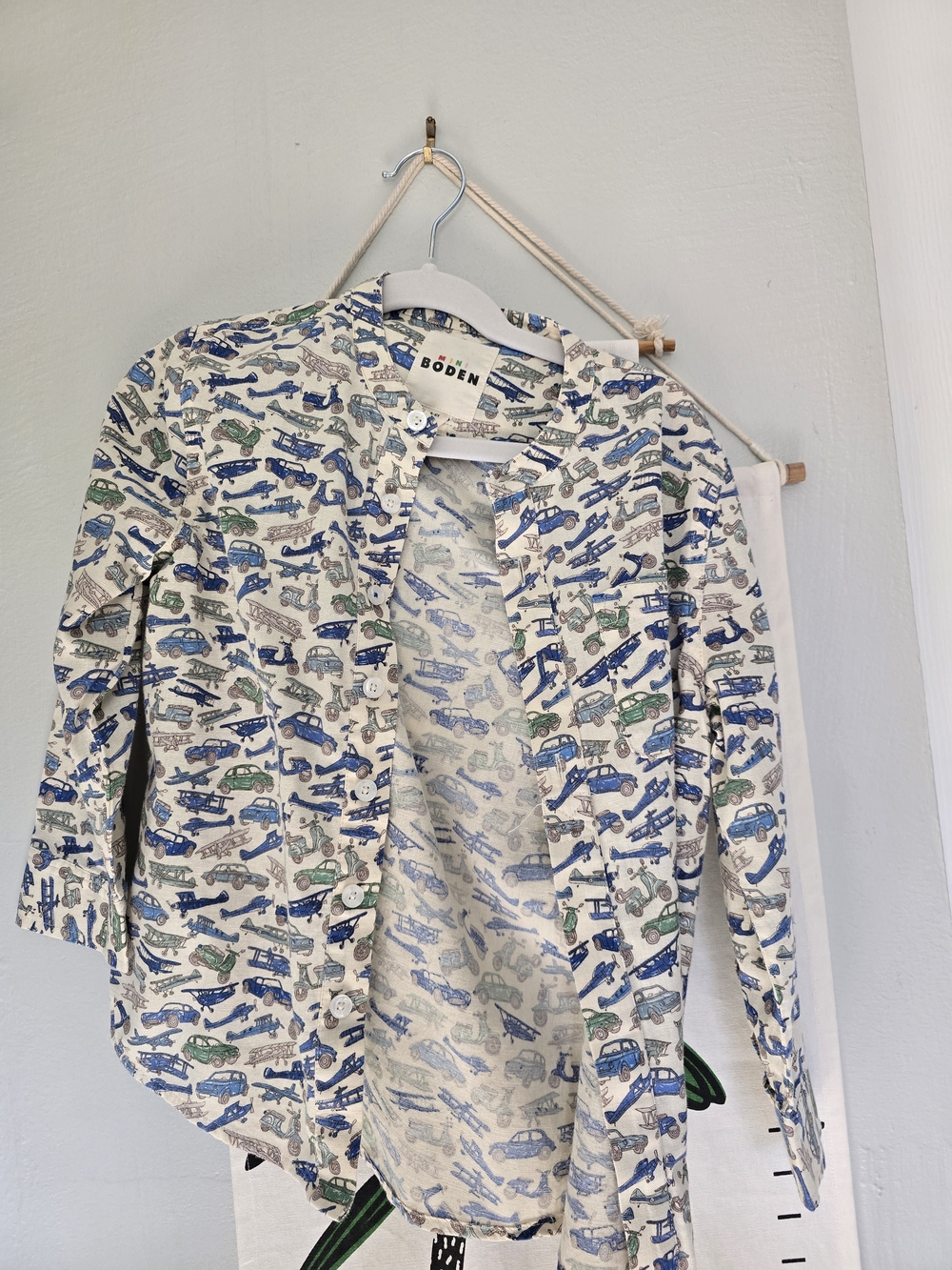 Boden White Shirt with Blue and Green Car Print